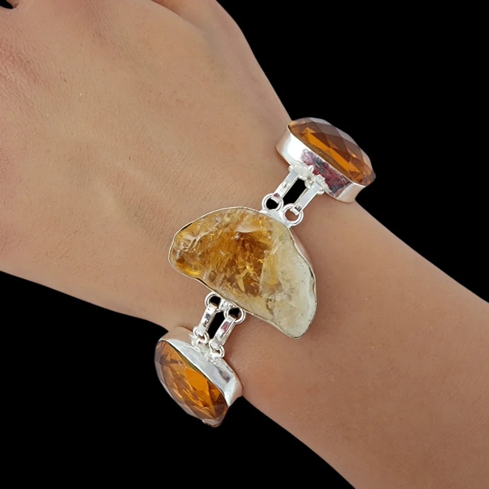 Rough citrine gemstone baroque pearl bracelet amber glass chunky bracelet J04
